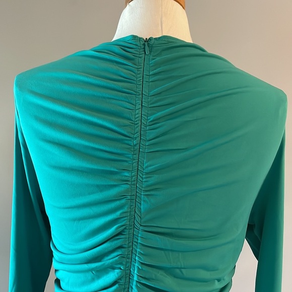 Venus RUCHED center front back party cocktail midi dress jersey fitted green M - Picture 7 of 11